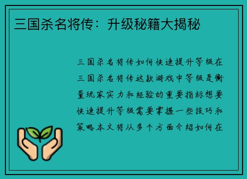 三国杀名将传：升级秘籍大揭秘